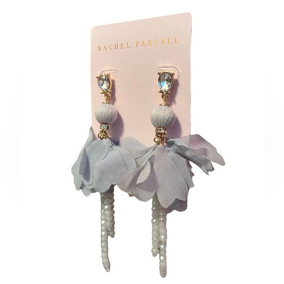 NWT Rachel Parcell Organza Flower Beaded Linear Statement Earrings In Blue - Picture 3 of 3